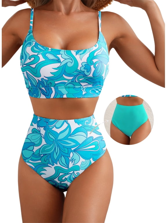 Swimsuit Women High Waisted Bikini Sets Color Block 2 Piece Swimming Suits Summer Beach Bathing Suit with Reversible Bottom Swimwear Blue