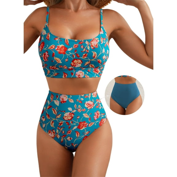 Eytino Swimsuit Women High Waisted Bikini Sets for Women Tummy Control Swimsuits Two Piece Color Block Swimming Suits Summer Bathing Suits with Reversible Bottom Swimwear Blue