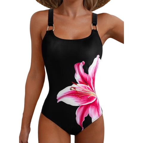 Eytino Swimsuit Women One Piece Bathing Suit Metal Ring Wide Straps Tummy Control Floral Print Swim Suit Swimwear