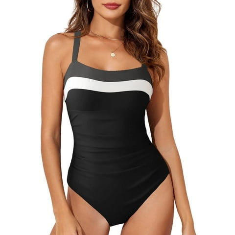 Swimsuit Women One Piece Swimsuits Tummy Control Summer Swimming Suits Athletic One Piece Bathing Suits Color Block Womens Beach Swim Suits Swimwear Black S-2XL