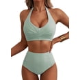thumbnail image 1 of Eytino Swimsuits for Women High Waisted 2 Piece Bikini Set Striped Vintage Halter Bathing Suit with Patch Pocket, Green, 2XL, 1 of 7