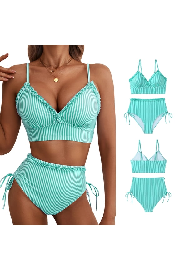 Swimsuits for Women High Waisted Bikini Set Splice Ruffle Trim Two Piece Swimsuit Tie Side Bathing Suits Green Stripes XL