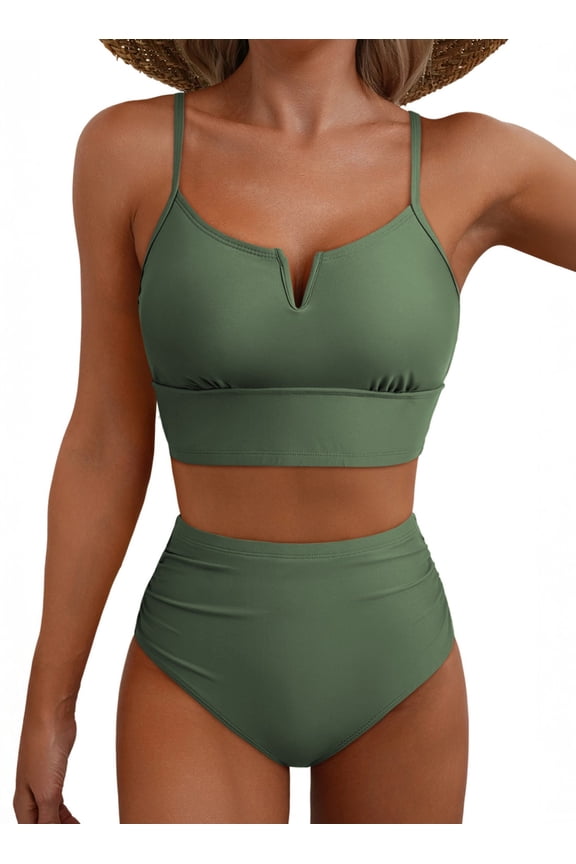 Swimsuits for Women High Waisted Bikini Set V Wire Two Piece Swimsuits Swim Suits 2026 Tummy Control Bathing Suit Mist Green 2XL