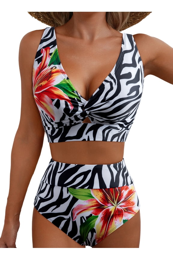Swimsuits for Women High Waisted Bikini Sets Twist Front Two Piece Tummy Control Color Block Bathing Suit V Neck Swim Suit Swimwear