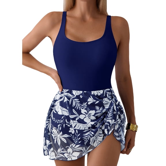 Eytino Swimsuits for Women One Piece Swimdress Tummy Control Bathing Suit with Mesh Skirt Tie Knot