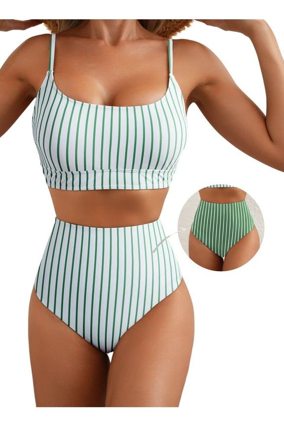Swimwear Womens High Waisted Bikini Sets Color Block Tummy Control Swim Top with Reversible Bottom Swimming Suits Two Piece Bathing Suit Green
