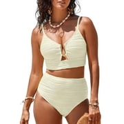 Eytino Swimwear Womens High Waisted Bikini Sets Tummy Control Swimsuits V Neck Cutout Swimming Suits Textured Ruched Two Piece Bathing Suit Beige S-2XL