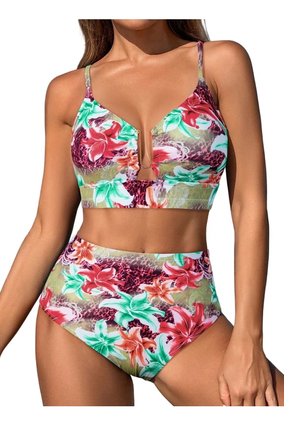 Swimwear for Women 2 Piece High Waisted U Wire Bikini Sets Floral Print Tummy Control Bathing Suit