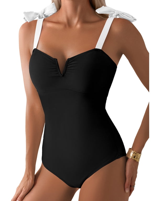 Swimwear for Women Tummy Control One Piece Swimsuits V Neck Push Up Boho Tie Shoulder Ruched Full Coverage Swimsuit