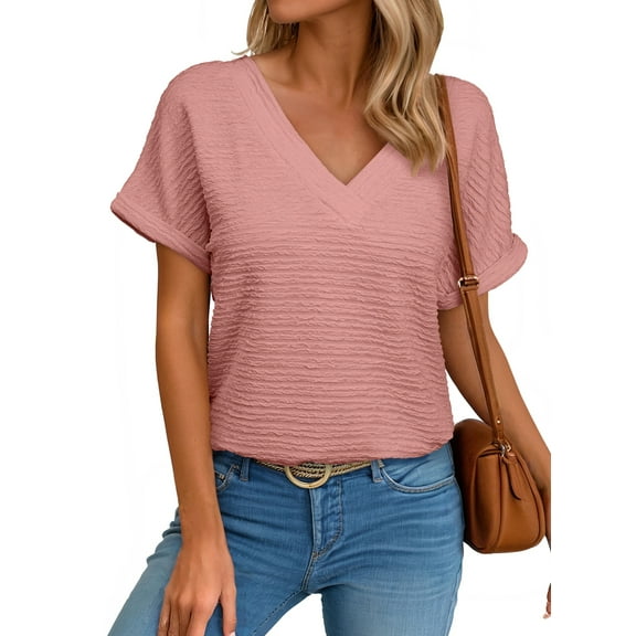 Eytino T Shirts for Women Textured Tops Basic Summer V Neck Short Sleeve Dressy Casual Loose Fit Workout Tee Shirts Blouses Pink S-2XL