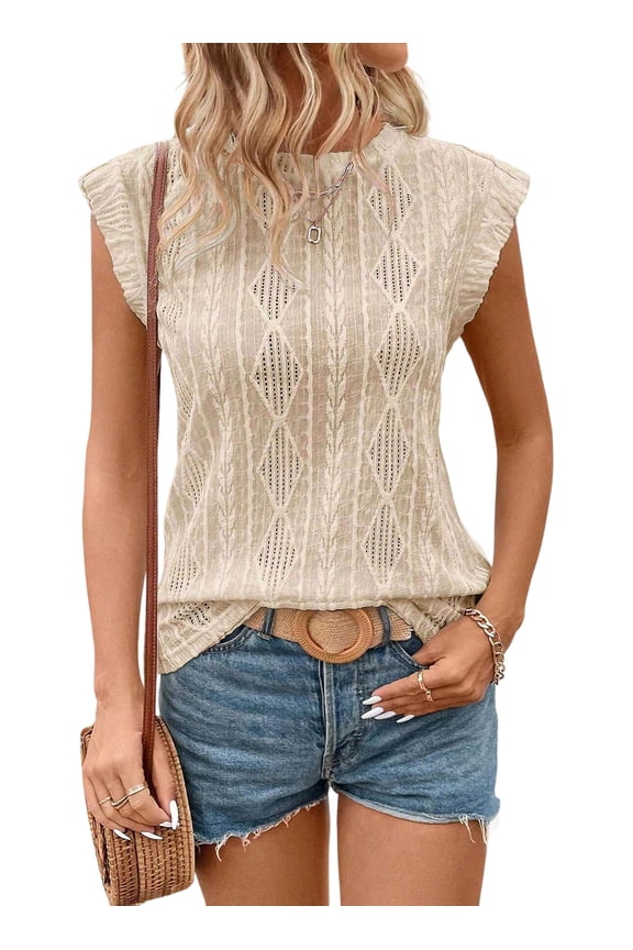 Tops for Women Summer Casual Crew Neck Cap Sleeve Shirts Lightweight Crochet Knit Textured Tank Top
