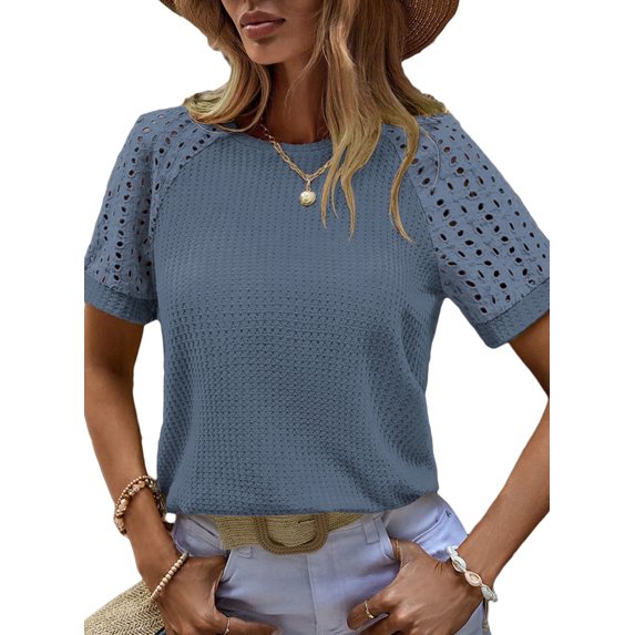 Eytino Womens Tops Waffle Knit T Shirts Casual Crew Neck Basic Tees Hollow Out Tee Shirts Raglan Short Sleeve Workout Summer T-Shirts Blouses S-2XL Blue