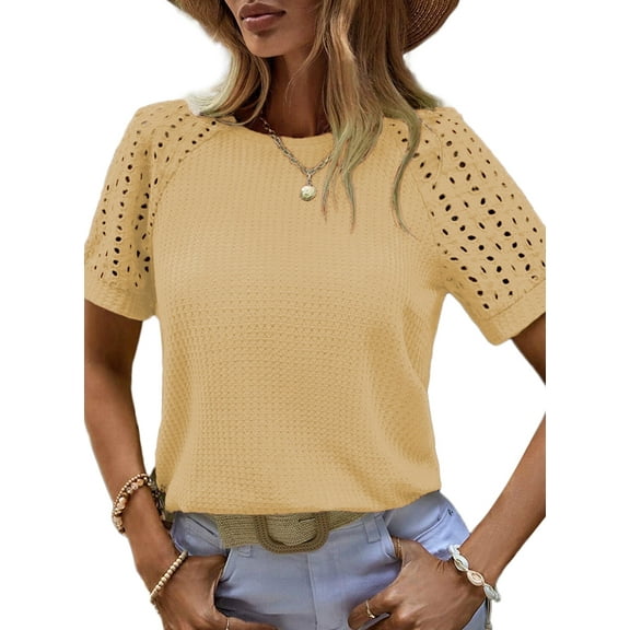 Eytino Tops for Women Waffle Knit Tops Casual Crew Neck T Shirts Hollow Out Raglan Short Sleeve Workout Tops Summer Basic Tees Blouses S-2XL Yellow