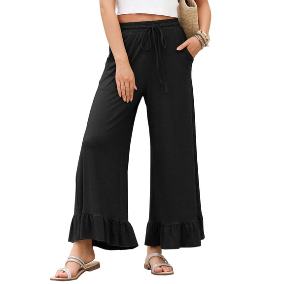 Eytino Trousers Pants for Women Drawstring Wide Leg Elastic Waist Pants Casual Trousers with Pockets