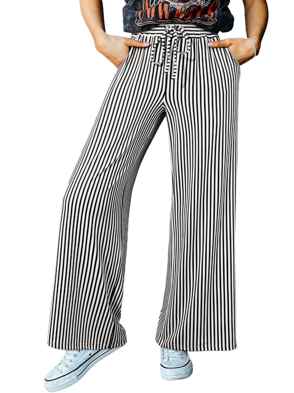 Trousers Pants for Women Striped Drawstring Wide Leg Elastic Waist Pants Casual Trousers with Pockets