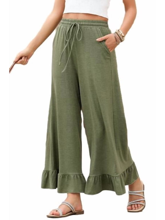 Trousers for Women Wide Leg Casual Elastic Drawstring High Waisted Ruffle Hem Palazzo Pants with Pockets