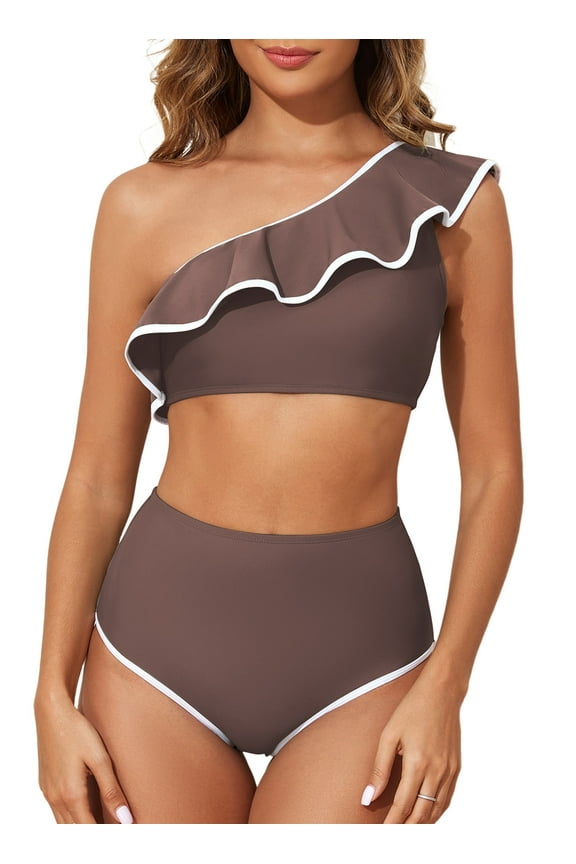 Two Piece Swimsuit for Women One Shoulder High Waisted Bikini Sets Color Block Trim Ruffle Hem Bathing Suits Beach Swimwear Brown XS