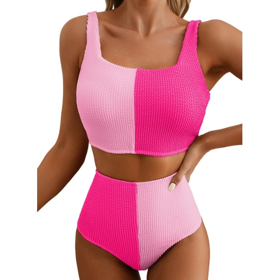 Eytino Two Piece Swimsuits for Women High Waisted Bikini Set 2025 Summer Color Block Scrunch Square Neck Bathing Suit Vacation Swimwear Pink Color Block 2XL