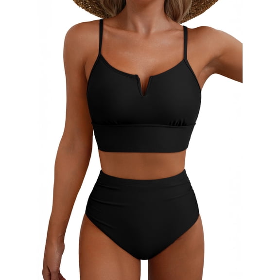 Eytino Women's High Waisted Bikini Set V Wire Two Piece Swimsuit Tummy Control Full Coverage Bathing Suit Black M