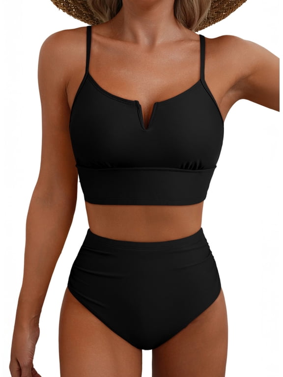 Women's High Waisted Bikini Set V Wire Two Piece Swimsuit Tummy Control Full Coverage Bathing Suit Black M