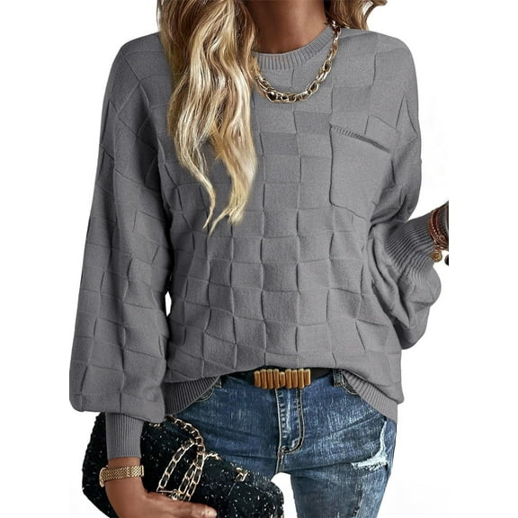 Eytino Winter Sweaters for Women Casual Crewneck Long Sleeve Sweaters Lightweight Checkered Knit Pullover Sweater Tops Gray Size L