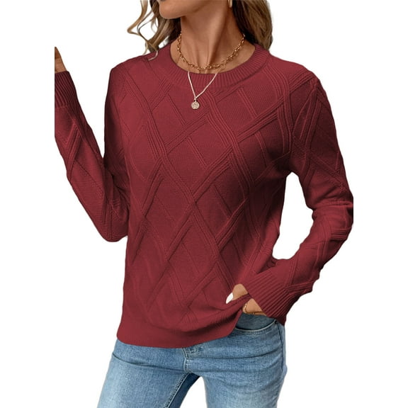 Eytino Winter Sweaters for Women Trendy Crewneck Long Sleeve Cable Knit Sweater Casual Warm Pullover Sweater Tops Red S