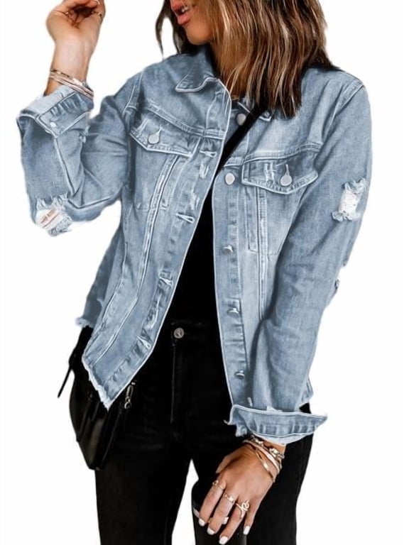 Woman Jean Jacket Long Sleeve Distressed Ripped Long Sleeve Denim Jacket with Pockets Blue S-2XL