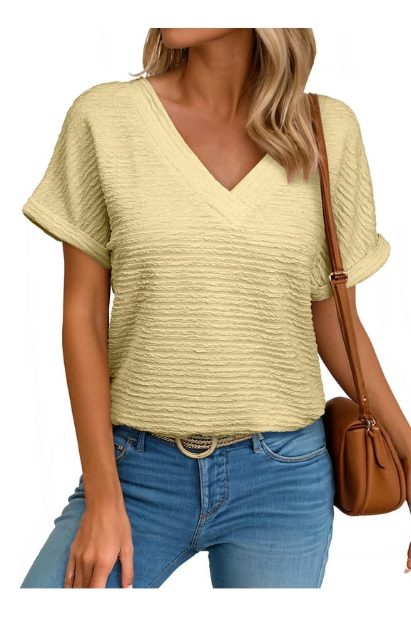 Woman Tops Summer Cap Sleeve T-Shirt Basic Textured Loose Fit V Neck Tee Shirts Casual Workout Blouse Gold S-2XL