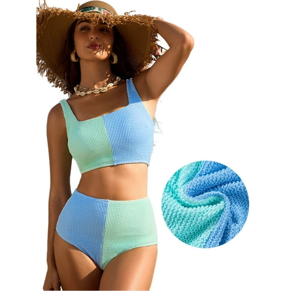 Eytino Women 2 Piece Bikini Set Color Block Scrunch Square Neck Swimsuit Swim Suits High Waisted Bathing Suits for Women Swimwear Blue Color Block XL