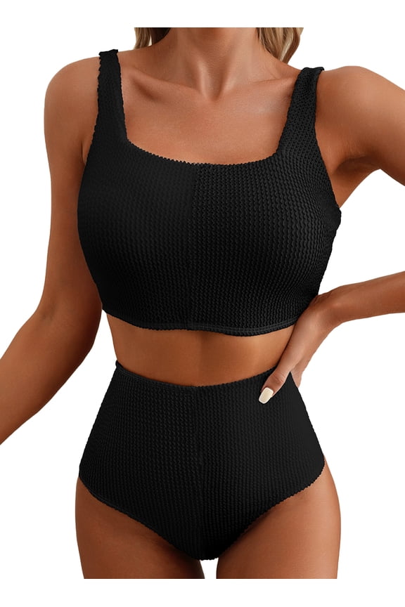 Women Bathing Suits Color Block 2 Piece Swimsuit High Waisted Bikini Set Scrunch Square Neck Bathing Suit Swimwear Black 2XL