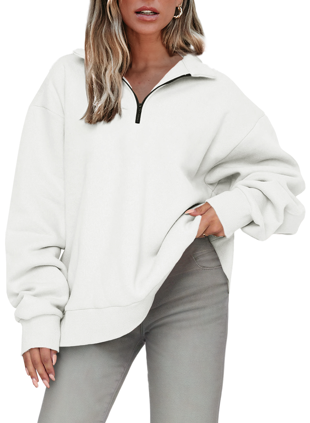 Eytino Oversized Sweatshirt Womens Half Zip Sweatshirt Drop Shoulder Long Sleeves Pullover Solid Fleece Drop Shoulder Sweatshirt M White
