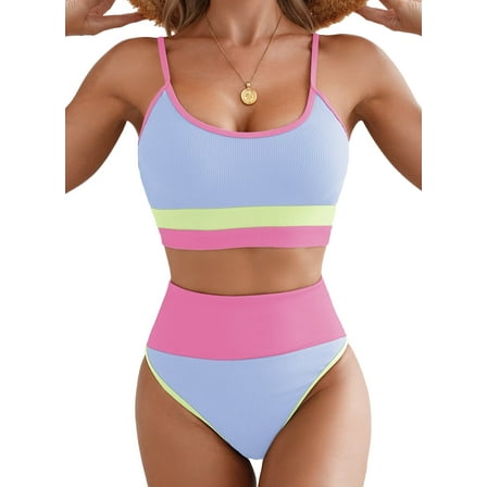 Eytino Women High Waisted Bikini Sets Tummy Control Swimsuits Color Block Two Piece Bathing Suit Ribbed Swim Suits Beach Vacation Swimwear