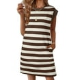 thumbnail image 1 of Eytino WomenDress Summer Casual Sundress Striped Crewneck T Shirt Dress Cap Sleeve Dress with Pockets Brown S-2XL, 1 of 10