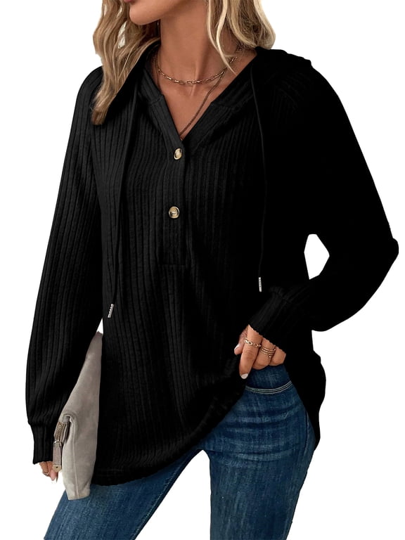 Women Hooded Sweatshirts Women's Hoodie Casual Long Sleeve V Neck Lightweight Knit Loose Drawstring Workout Fall Tops Black S-2XL