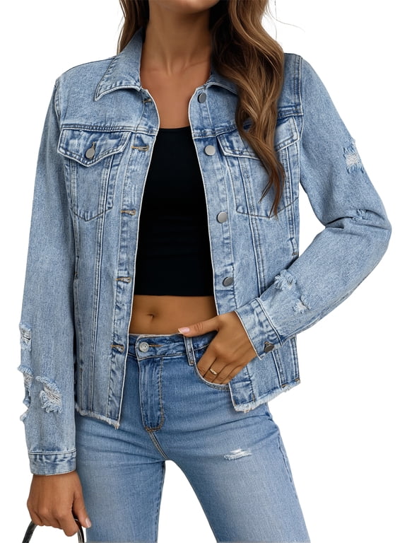 Women Jean Jacket Long Sleeve Button Down Distressed Denim Jackets Jean Jacket Coat with Pockets Blue S-2XL