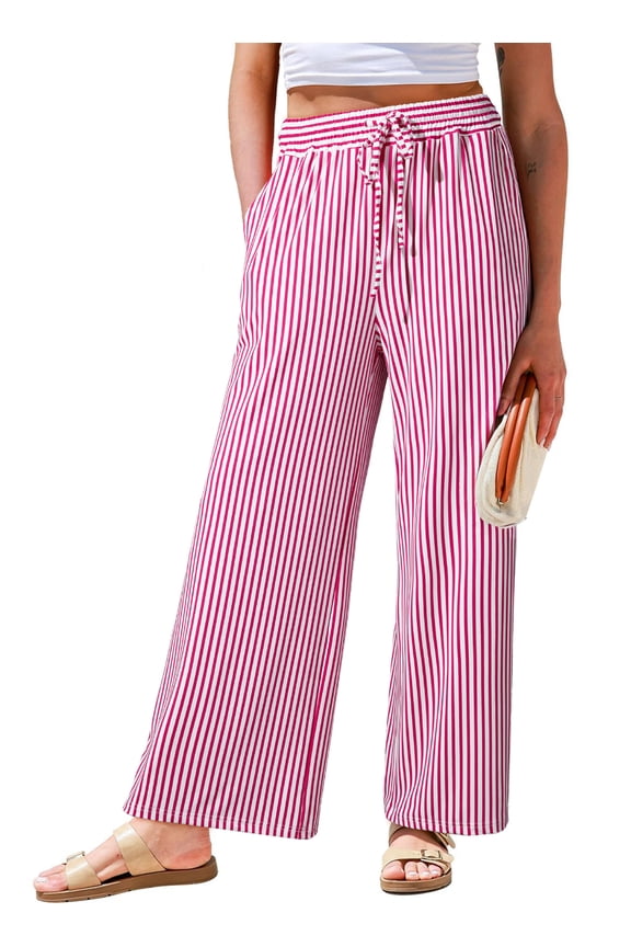 Women Pants Striped Wide Leg Casual Drawstring Elastic Waist Sweatpants with Pockets