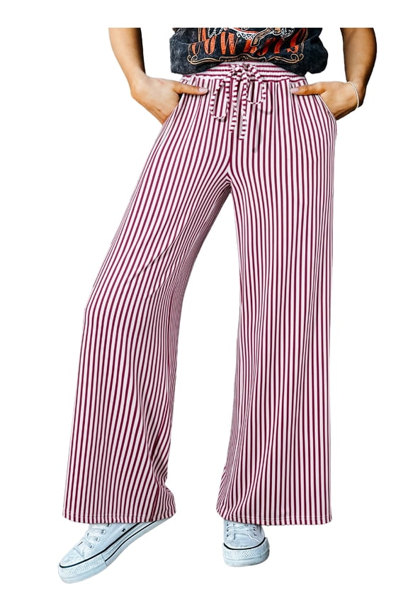 Women Pants Striped Wide Leg Casual Drawstring Elastic Waist Sweatpants with Pockets