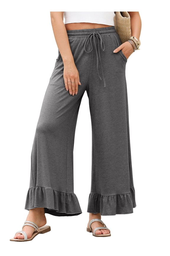 Women Pants Wide Leg Casual Drawstring Elastic Waist High Waisted Ruffle Hem Palazzo Pants with Pockets