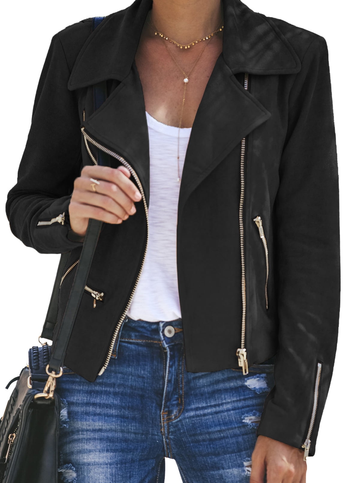 Eytino Women Plus Size Faux Leather Moto Biker Jacket Zipper Notch 