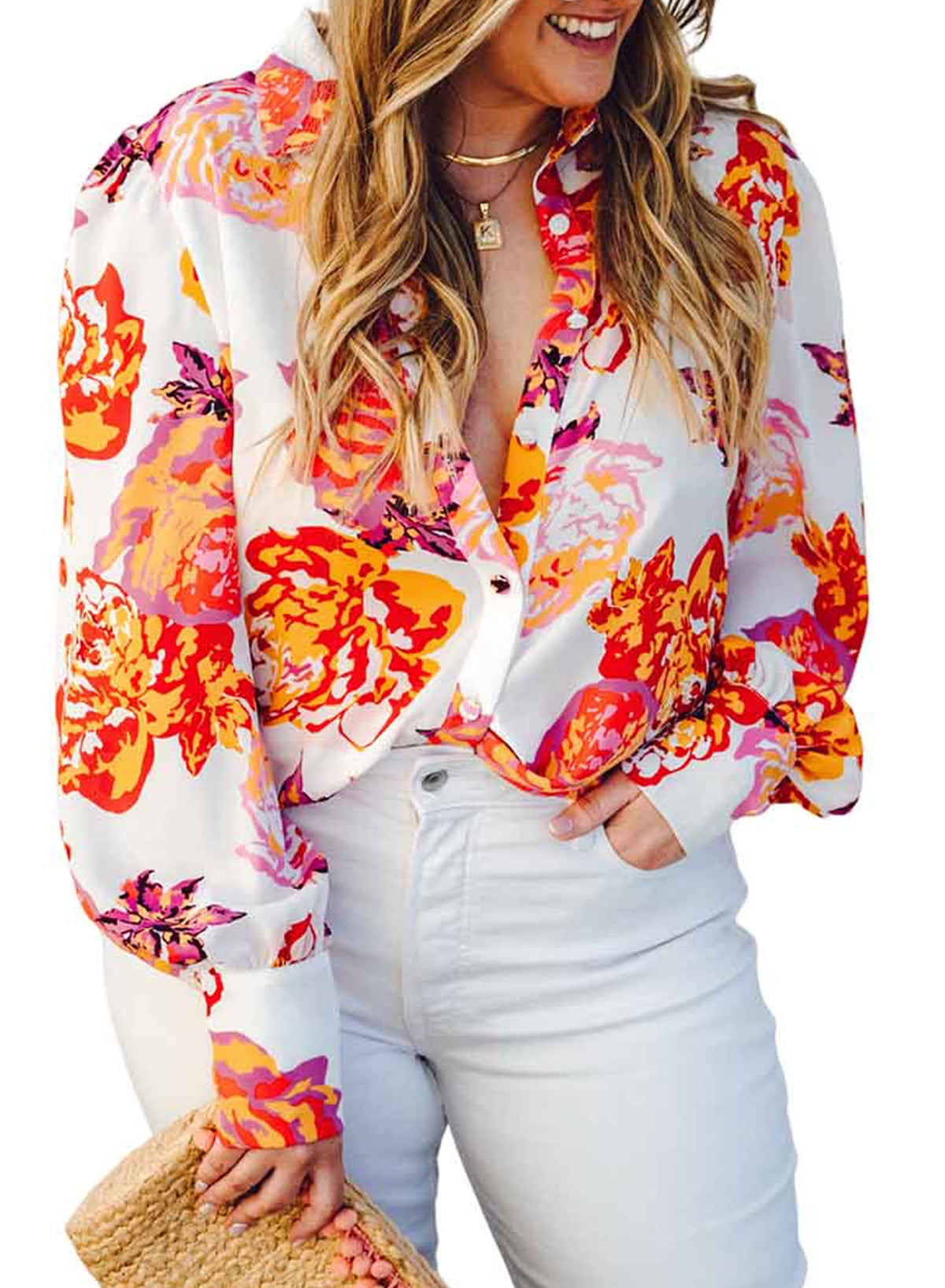 Eytino Women Plus Size Tops V Neck Long Sleeve Button Down Plus Size