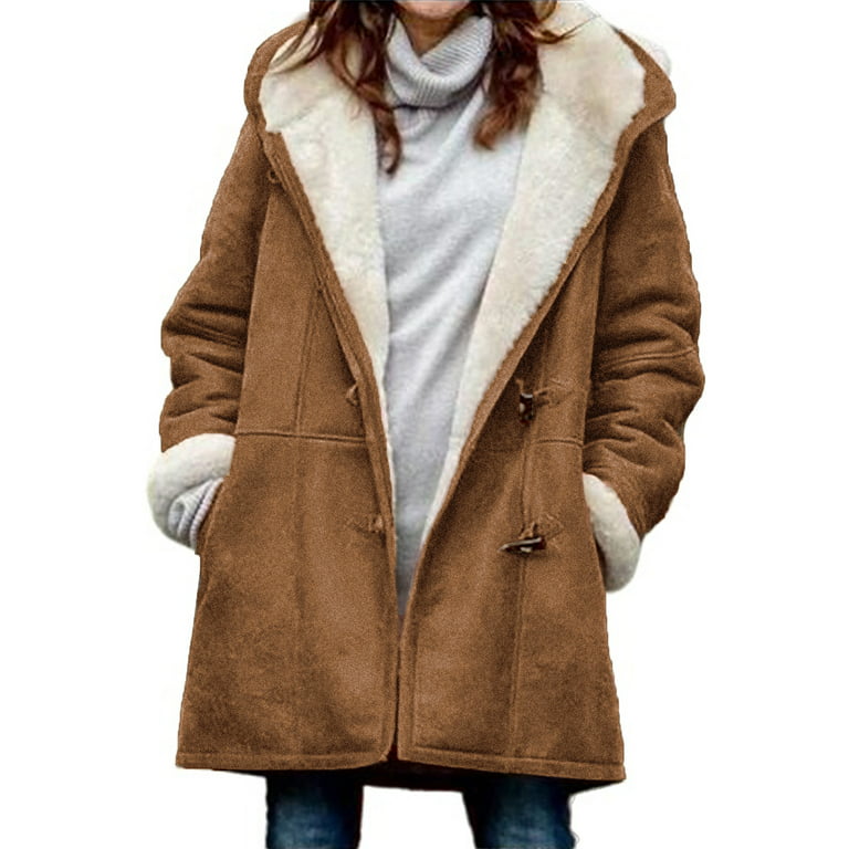 Eytino Women Sherpa Lined Jacket Long Sleeve Winter Warm Button Down Hooded  Coat Outerwear with Pocket