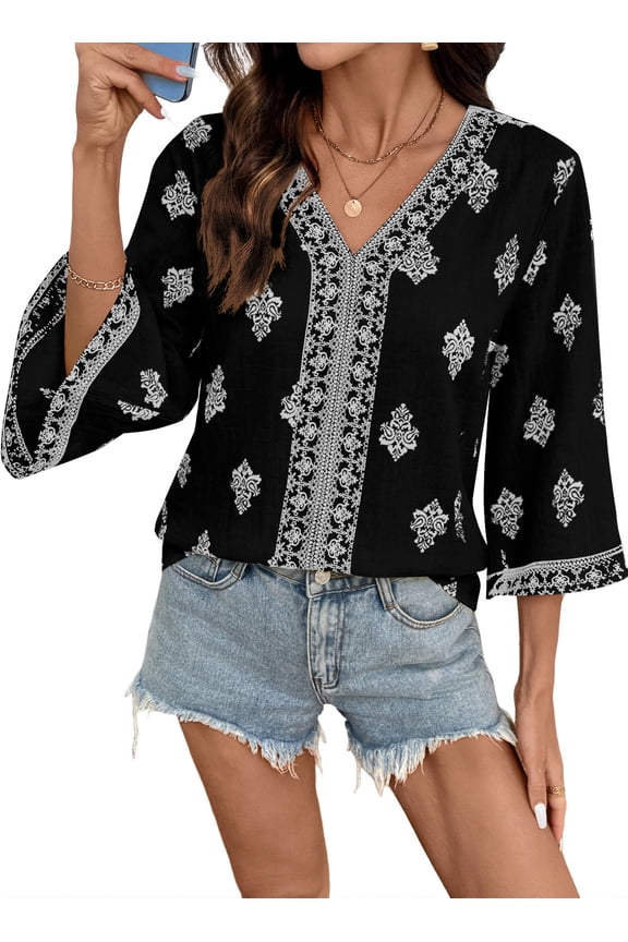 Women Summer Boho Tops Floral Print 3 4 Sleeve Pleated Blouses Casual V Neck Dressy Boho Vacation Tunic Tops