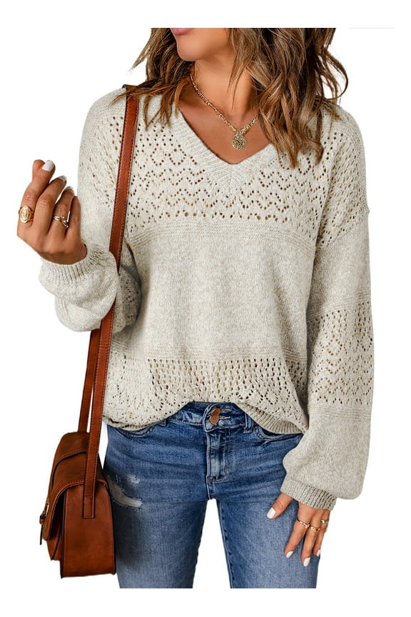 Women Sweater Crochet Sweater Lightweight V Neck Knit Sweaters Pullover Hollow Out Long Sleeve Oversized Sweaters White S