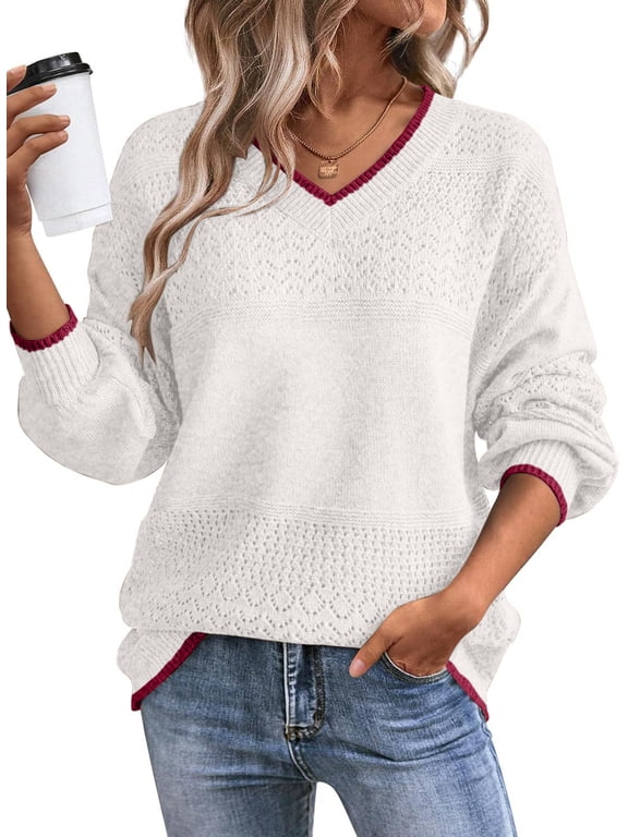 Women Sweater Crochet Sweater Lightweight V Neck Knit Sweaters Pullover Hollow Out Long Sleeve Oversized Sweaters White S