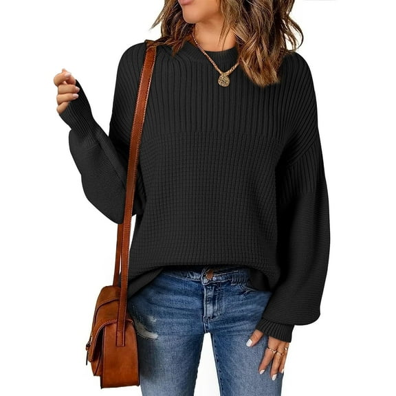 Eytino Women Sweater Long Lantern Sleeves Pullover Sweaters Crewneck Cable Knit Casual Oversized Pullover Tops Black