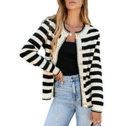 EYTINO Women Sweater Striped Cardigans for Women Crew Neck Open Front Button Up Color Block Loose Knit Cardigan Sweaters Black