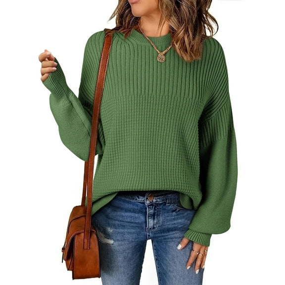 Eytino Women Sweaters 2025 Oversized Casual Crewneck Pullover Sweaters Long Sleeve Cable Knit Lightweight Pullover Tops Green