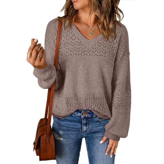 Eytino Women Sweaters Oversized V Neck Long Sleeve Knit Pullover Sweaters Top Trendy Crochet Hollow Out Lightweight Sweaters 2XL