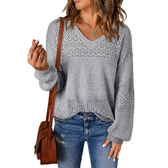 Eytino Women Sweaters Oversized V Neck Long Sleeve Knit Pullover Sweaters Top Trendy Crochet Hollow Out Lightweight Sweaters Gray 2XL
