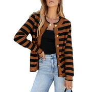 EYTINO Women Sweaters Striped Womens Cardigans Long Sleeve Open Front Button Down Knit 2024 Fall Cardigan Sweaters Brown